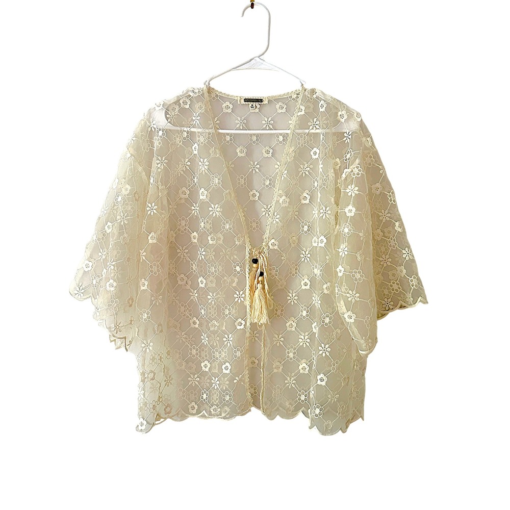 Amber Blue Lace Kimono Women Medium Cream Floral Tassel Boho Cardigan Cover Up